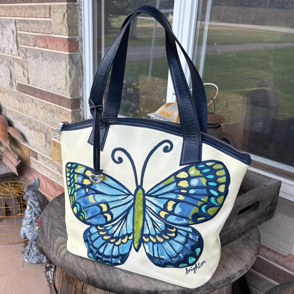 Brighton Flutter Watergarden Embroidered Blue Butterfly Tote Bag